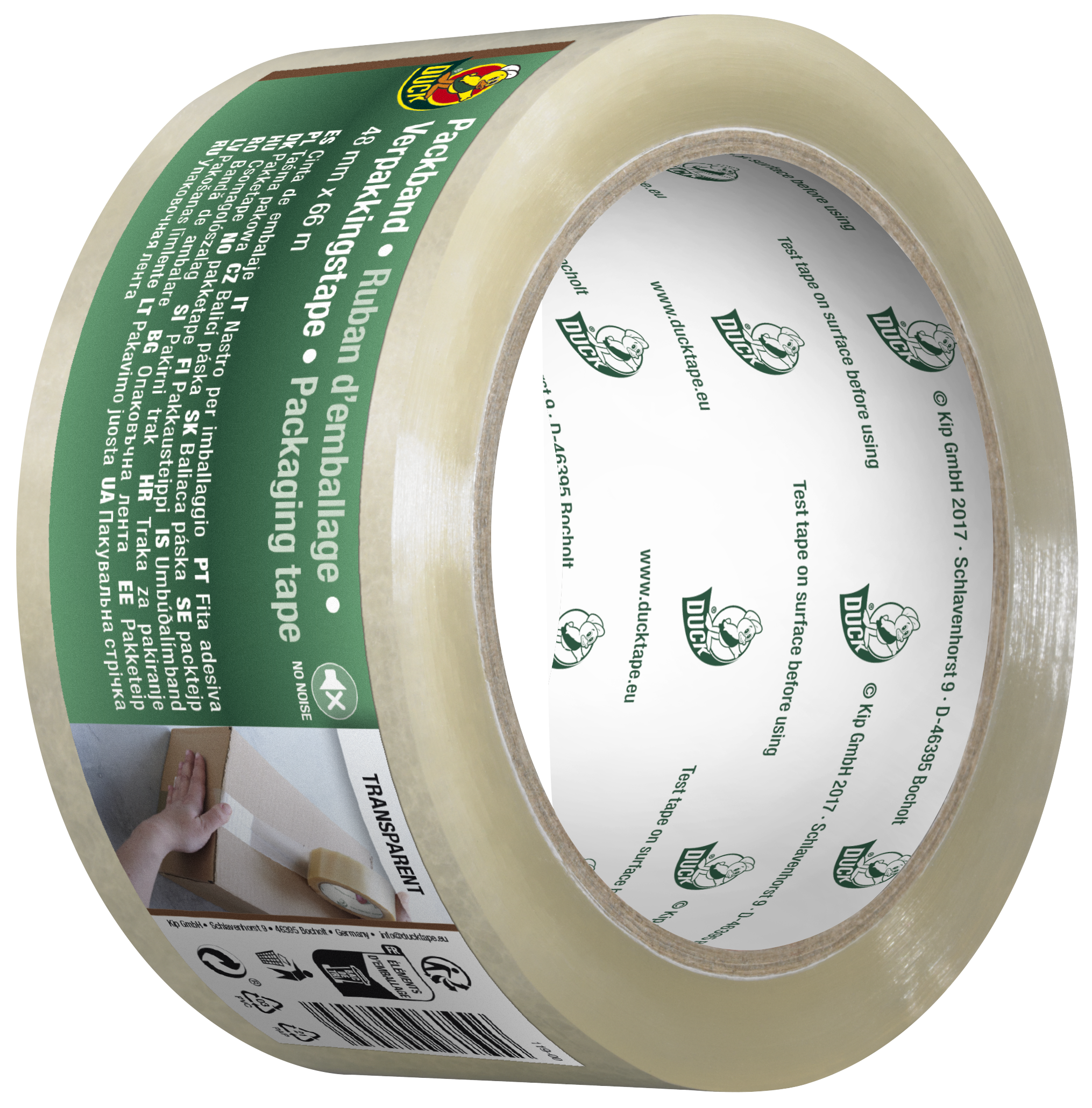 Transparante verpakkingstape met dispenser van Duck Easy Start voor het met één hand inpakken van pakketten.