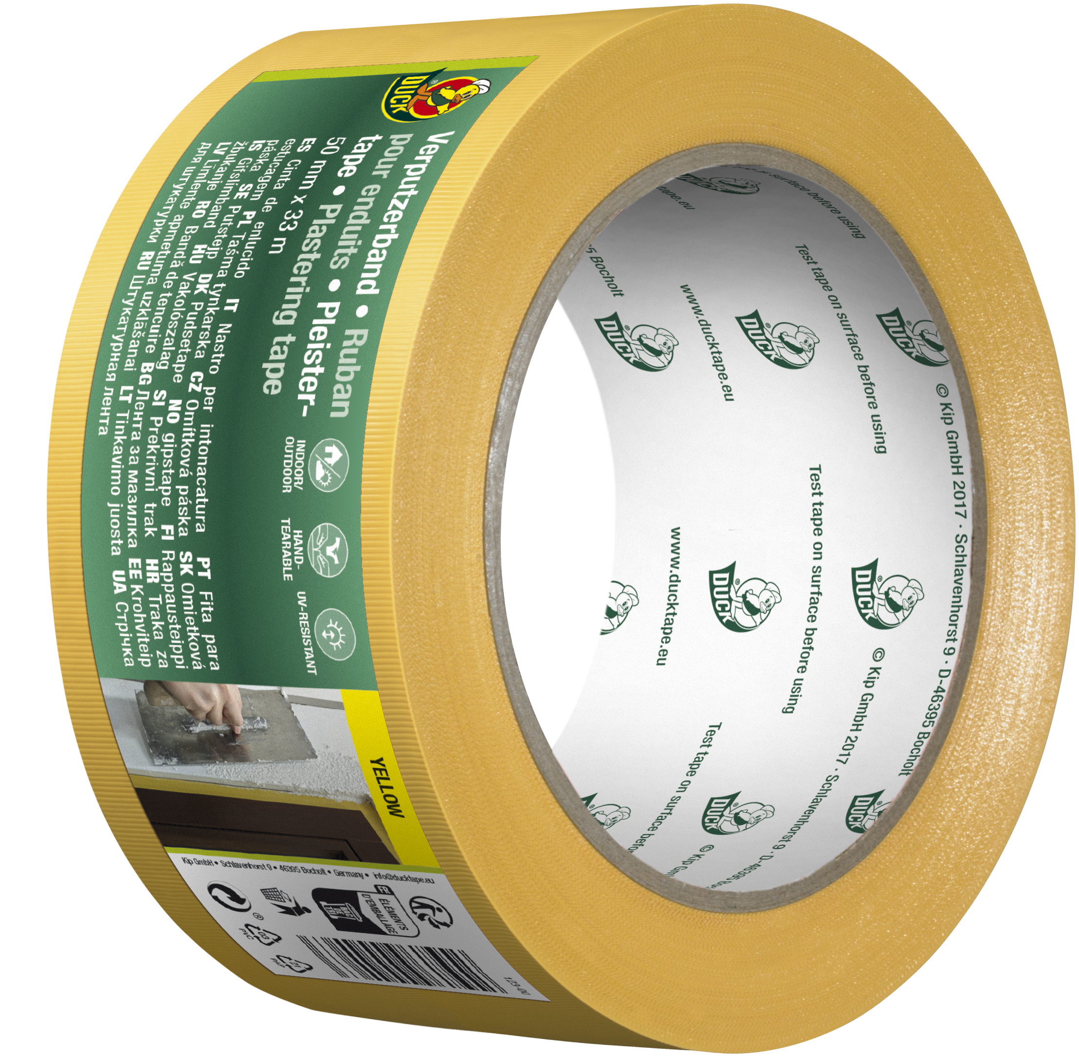 Duck beschermingstape kruisgegroefd geel als UV-bestendige pleistertape voor bouwwerkzaamheden en gladde oppervlakken